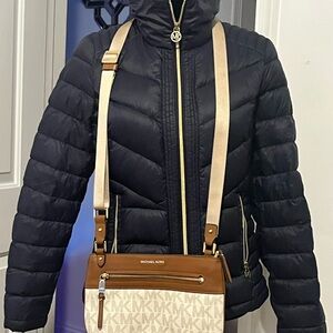 Michael Kors Black Jacket Coat and Michael Kors MK Brown and Cream Crossbody Bag